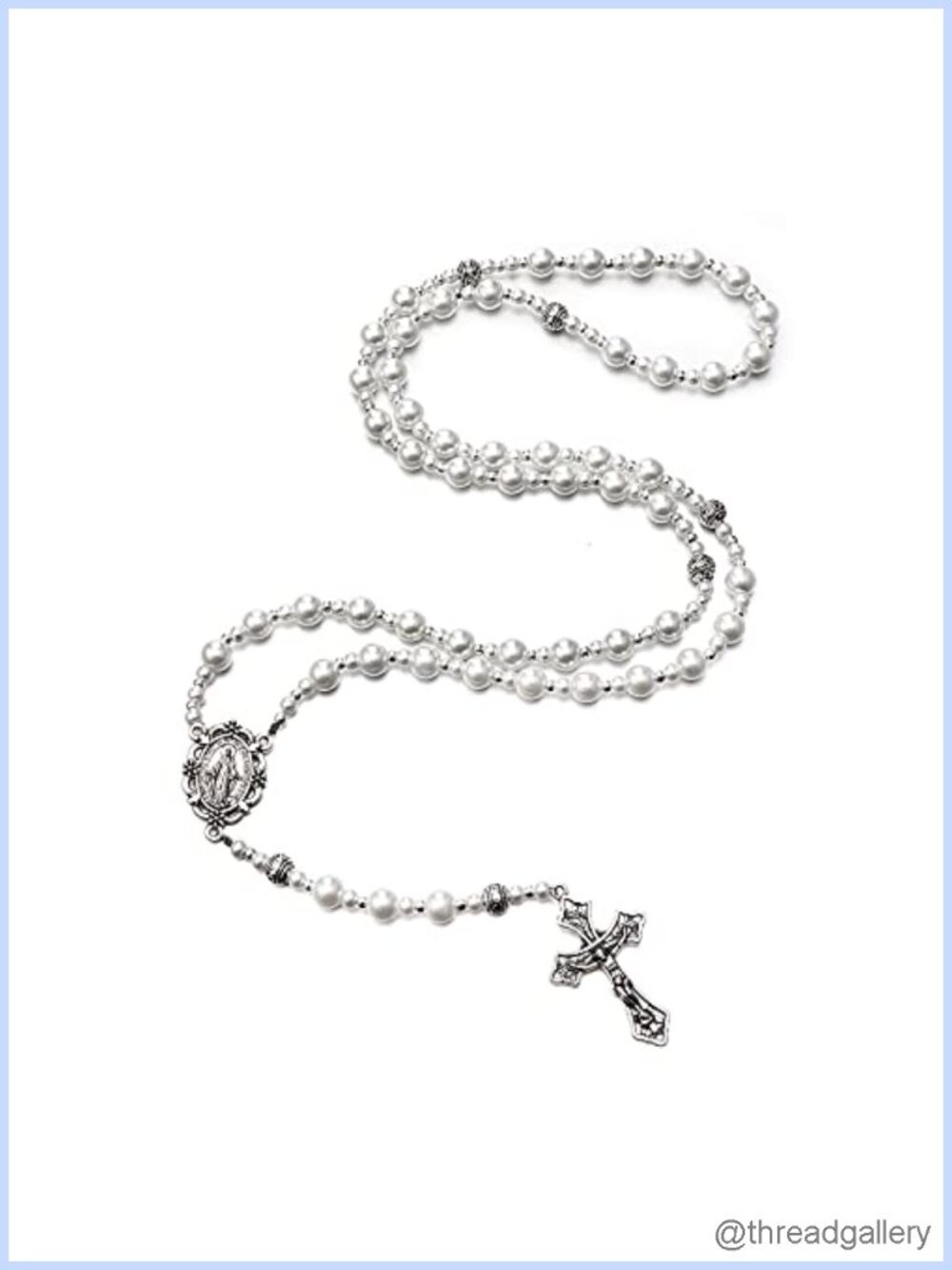 Catholic Pearl Beads Rosary Necklace with Miraculous Medal & Cross
